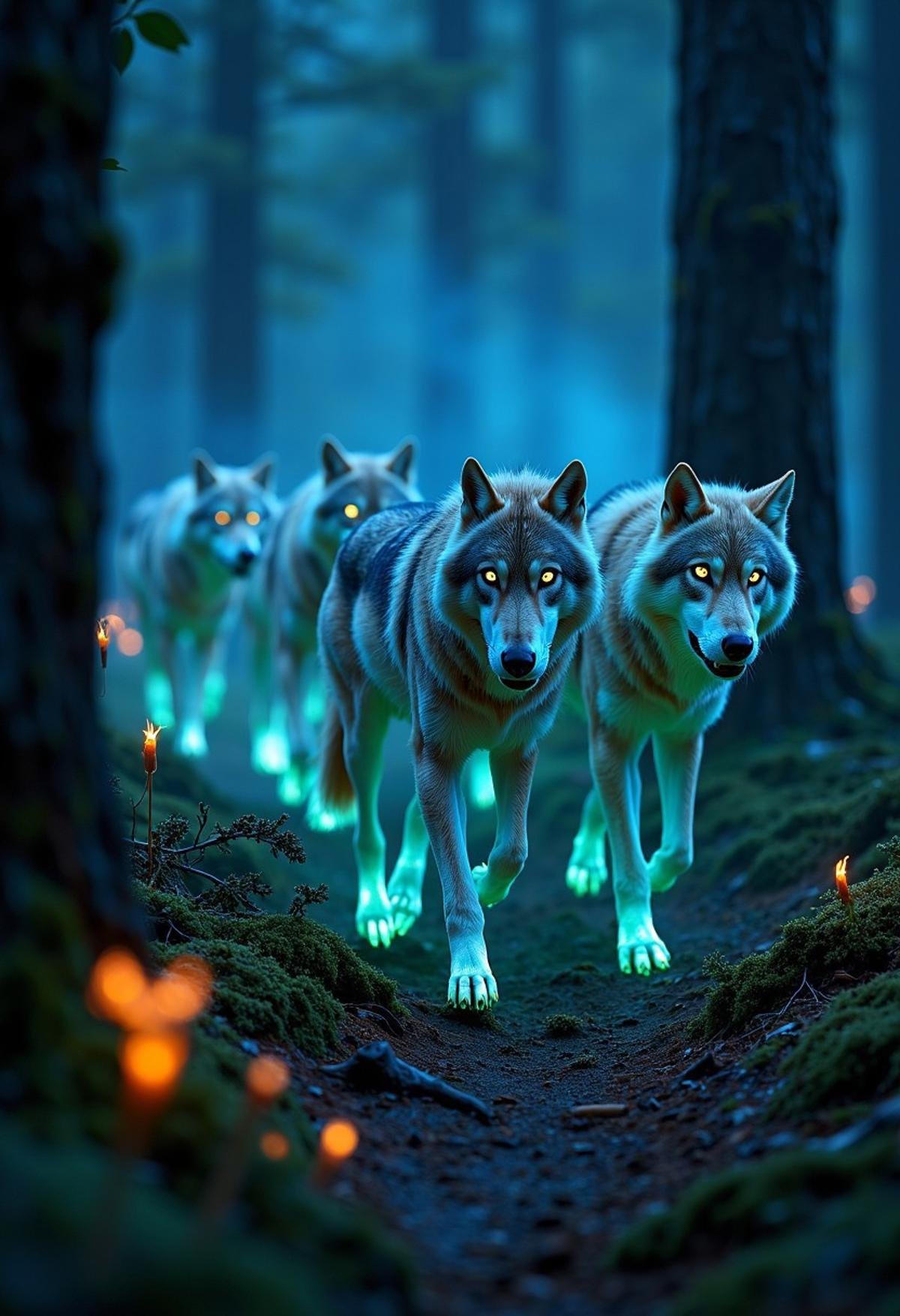 Imagine a pack of wolves moving silently through a dark,  misty forest,  their fur glowing with an eerie by Ethanar on Ten...