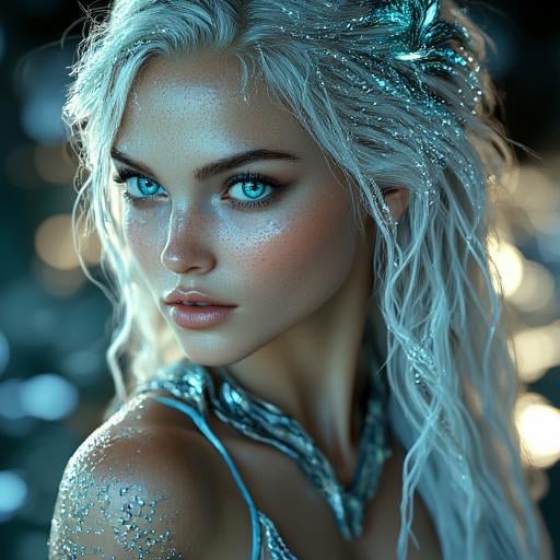 ethereal alien,  iridescent strands that shimmer with a blue hue,  pale skin by Ethanar on Tensor.Art
