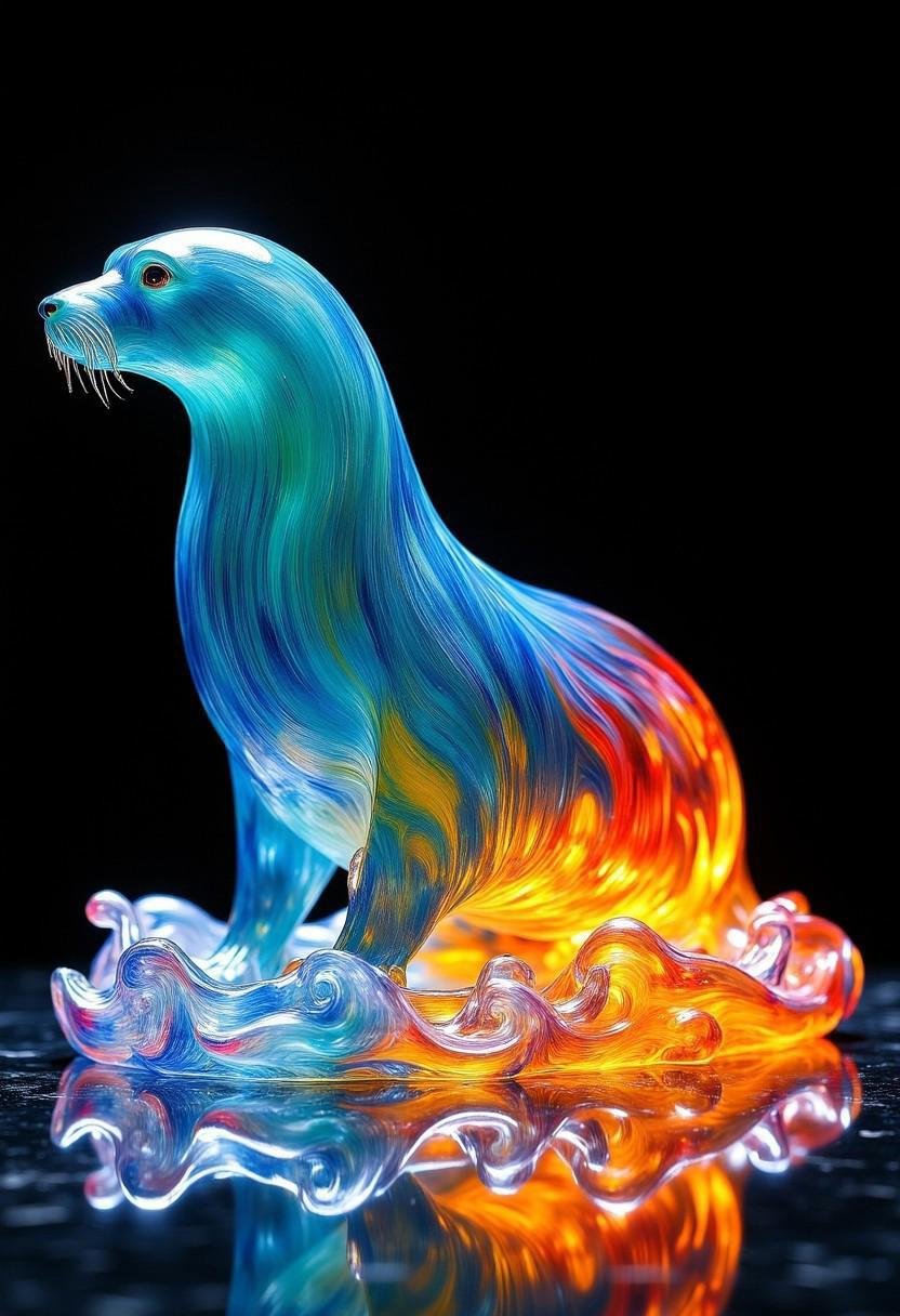 A vibrant,  glass statue of a seal,  expertly crafted with lifelike details. The translucent glass captures the playful el...