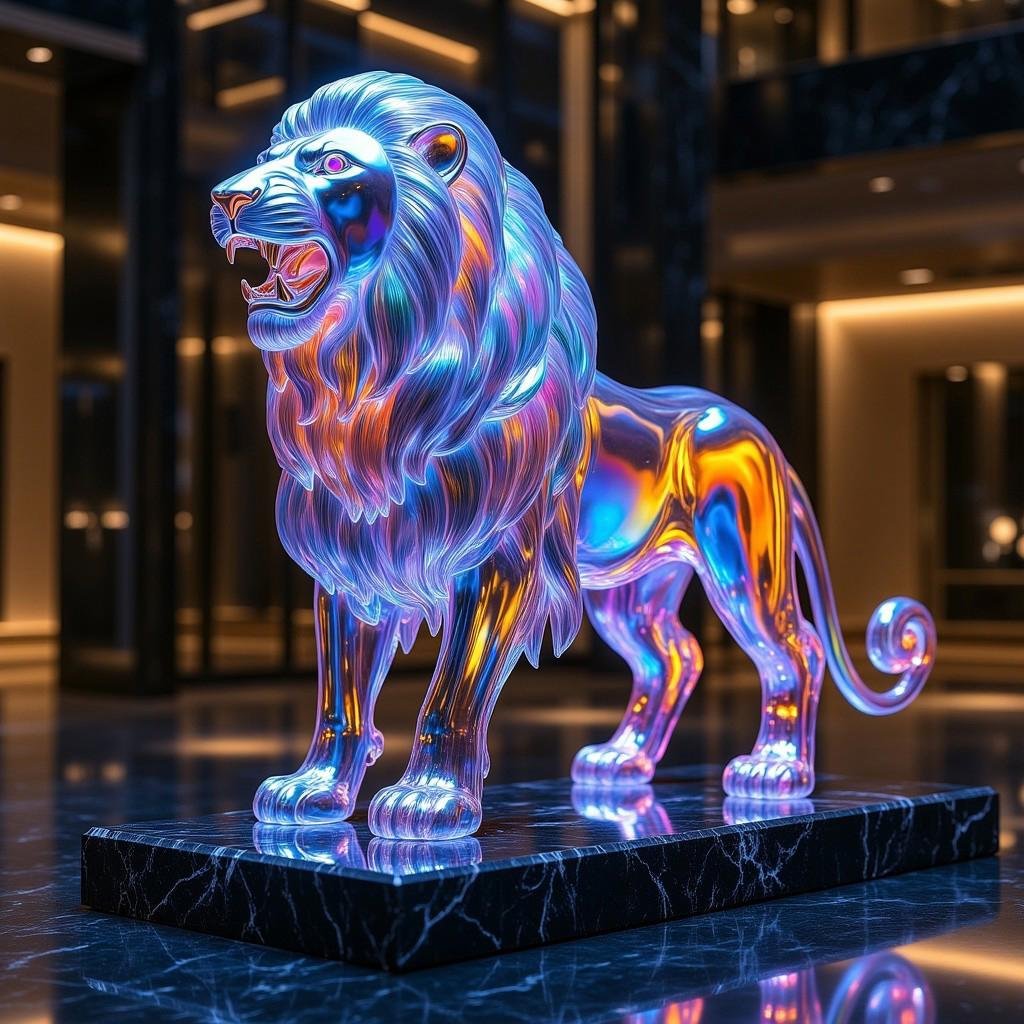 This image is a high-resolution digital artwork featuring a stylized,  semi-transparent,  and iridescent sculpture of a li...