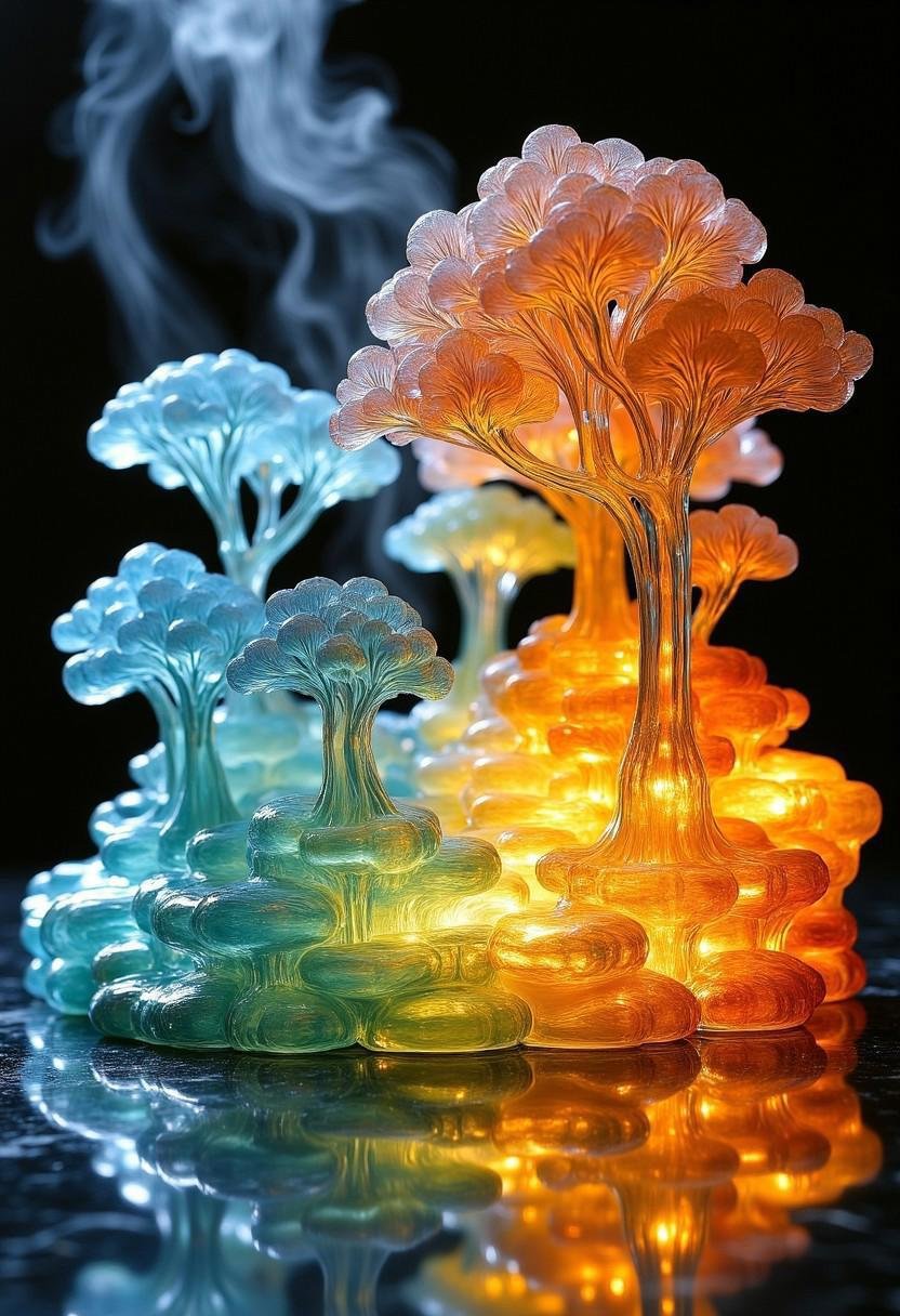 A vibrant,  glass statue of an onsen,  meticulously crafted with stunning details. The translucent glass captures the esse...