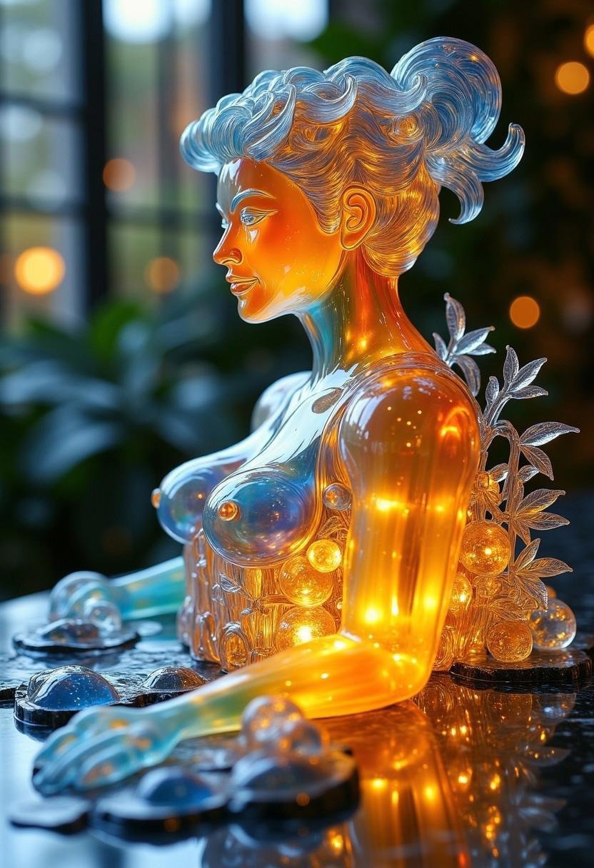 A vibrant,  glass statue of an onsen,  meticulously crafted with stunning details. The translucent glass captures the esse...