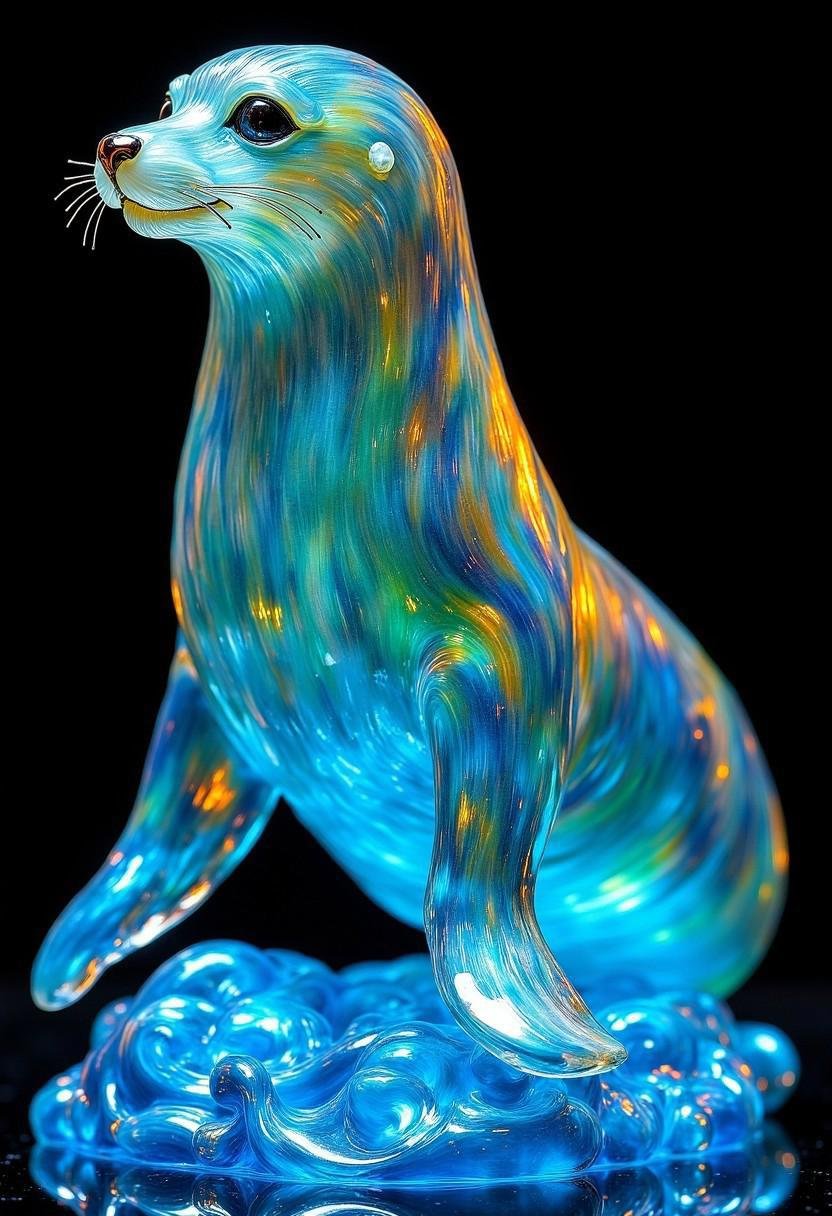 A vibrant,  glass statue of a seal,  expertly crafted with lifelike details. The translucent glass captures the playful el...
