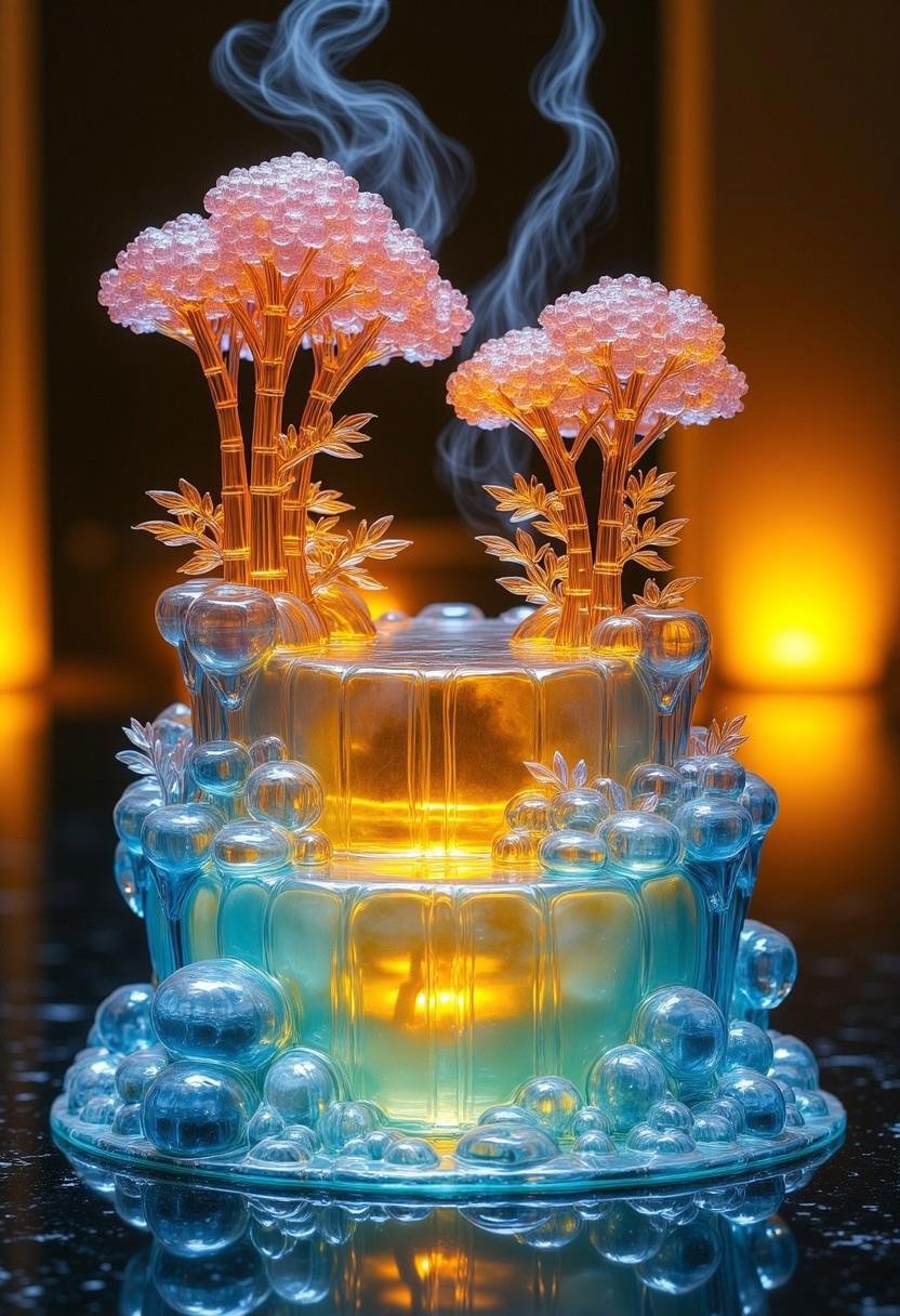 A vibrant,  glass statue of an onsen,  meticulously crafted with stunning details. The translucent glass captures the esse...