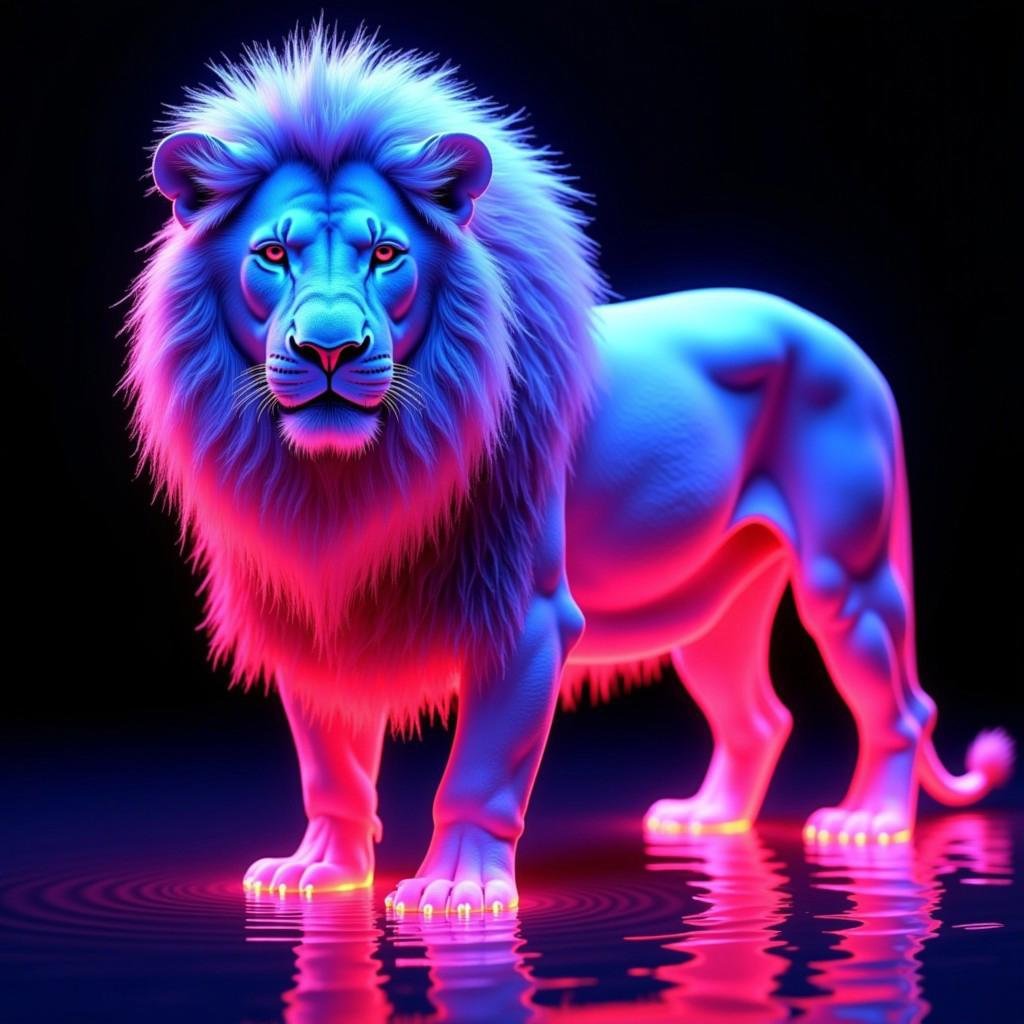The image is a highly detailed,  digital artwork featuring a majestic lion standing in a reflective,  glowing water. The l...