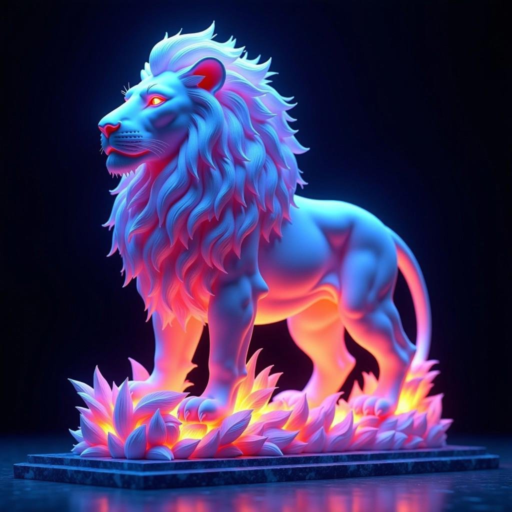 The image is a highly detailed,  digital artwork featuring a stylized,  mythical lion statue. The lion's head is rendered...