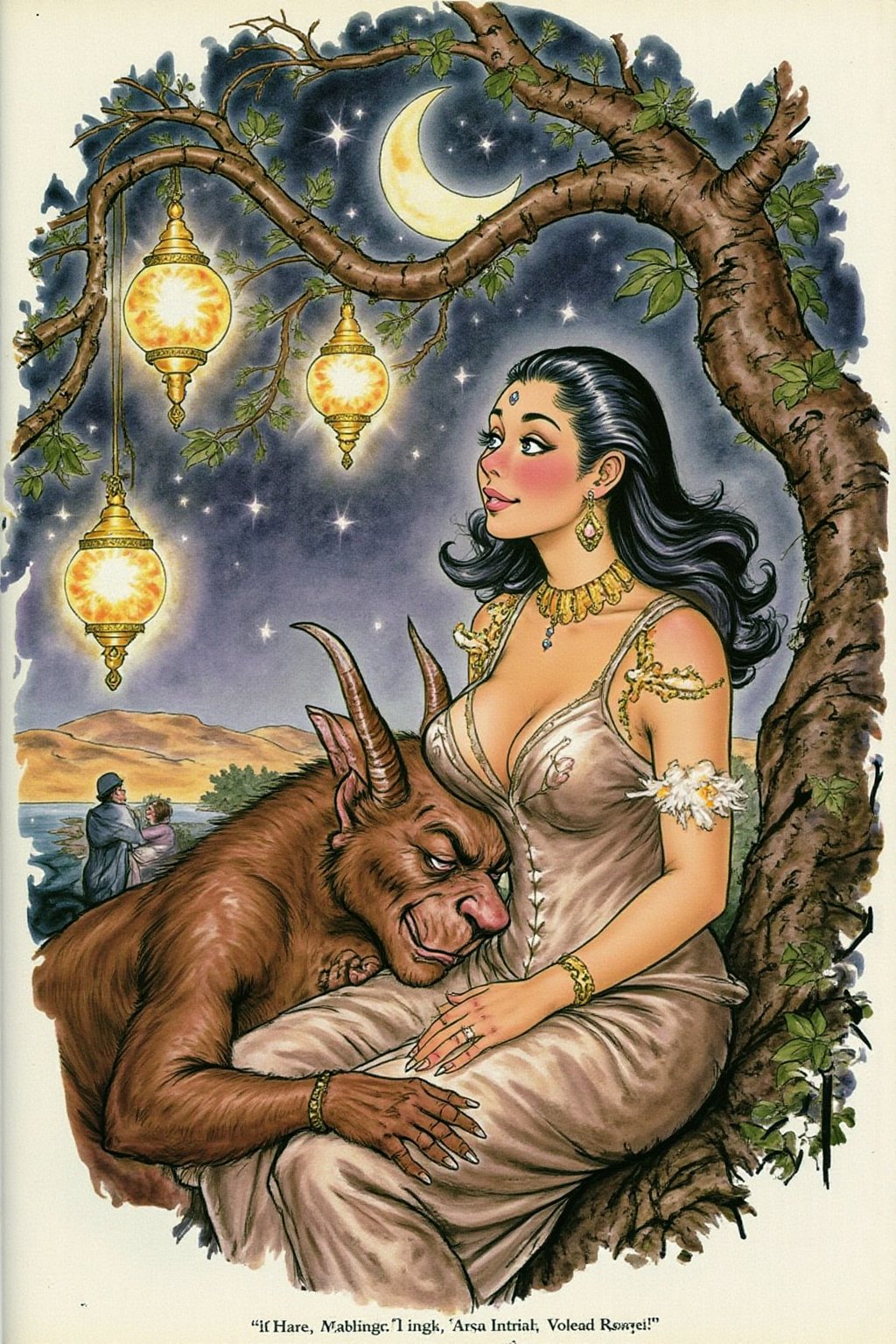 d0sn Illustration of a scene from Arabian Nights,  rendered in intricate,  colorful detail. A beautiful woman and a sleepi...
