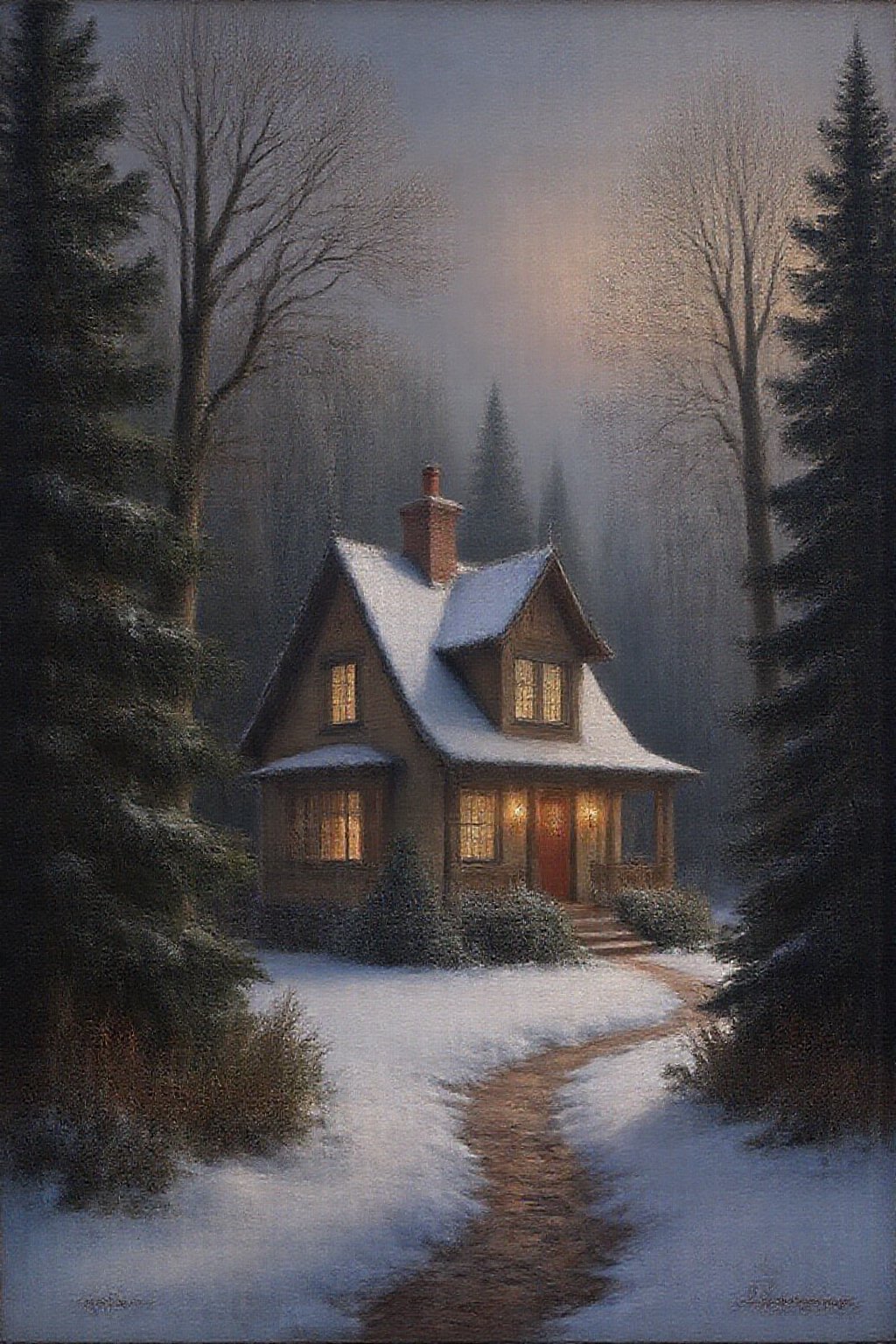 janver1 oil painting. a beautiful house at christmas,  snowing,  forest background by NobodyButMeow on Tensor.Art