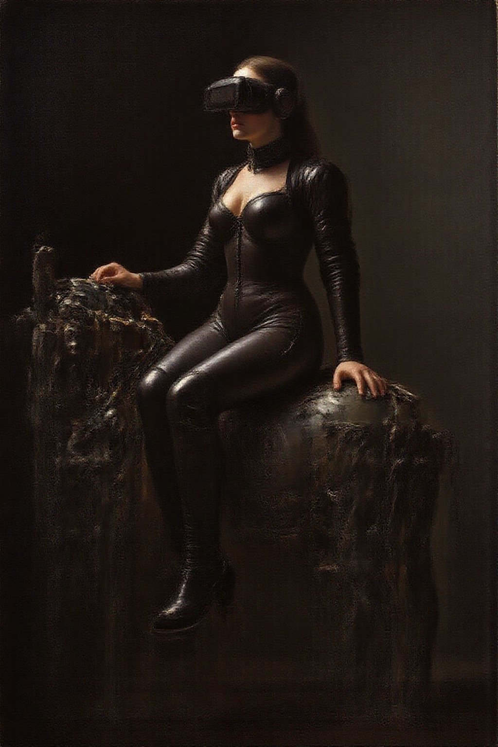janver1 oil painting. A striking,  futuristic scene depicts a woman dressed in sleek,  form-fitting leather attire by Nobo...