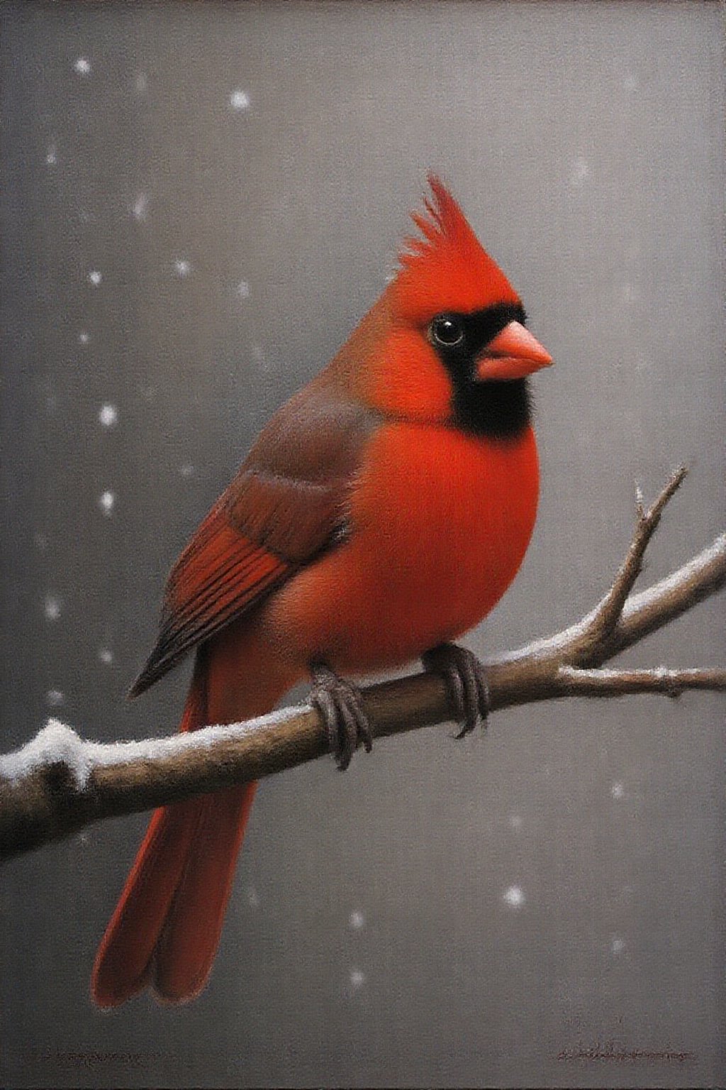 janver1 oil painting. a red cardinal perched on a branch during a snowstorm by NobodyButMeow on Tensor.Art