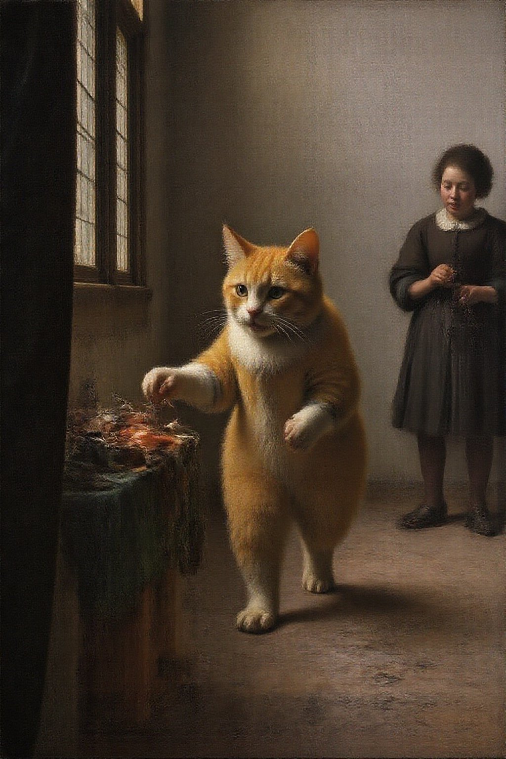 janver1 painting of a golden tabby stealing a fish,  running away in a market by NobodyButMeow on Tensor.Art