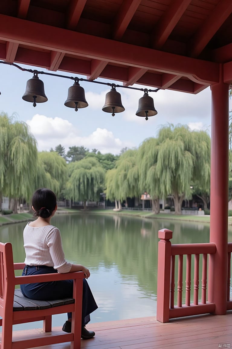 A photo of a Japanese female celebrity sitting in a pavilion in a Suzhou garden,  This pavilion has an antique charm,  wit...
