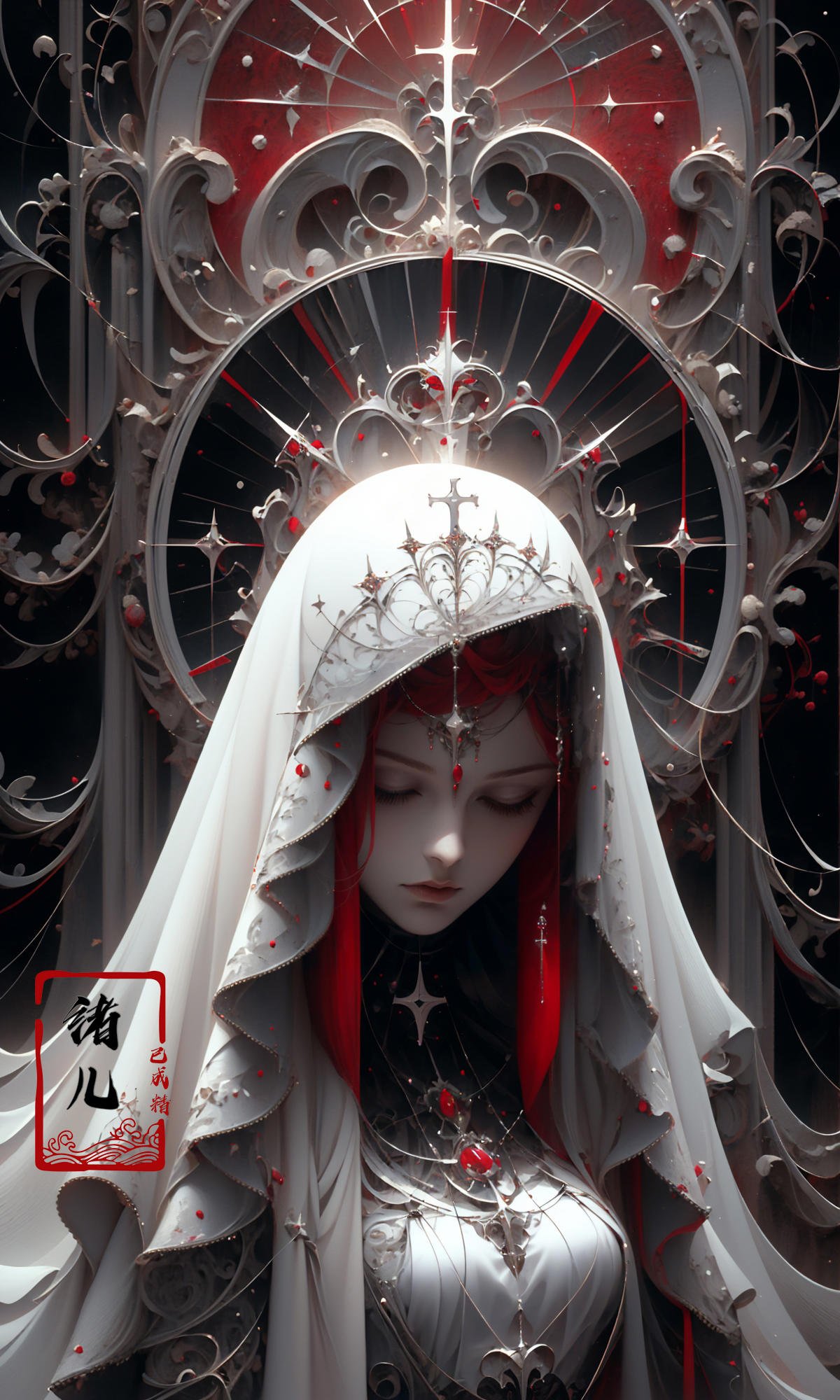 the goddess by shadrach jaroshelev,  in the style of gothic futurism,  dark white and light red by B站绪儿已成精 on Tensor.Art