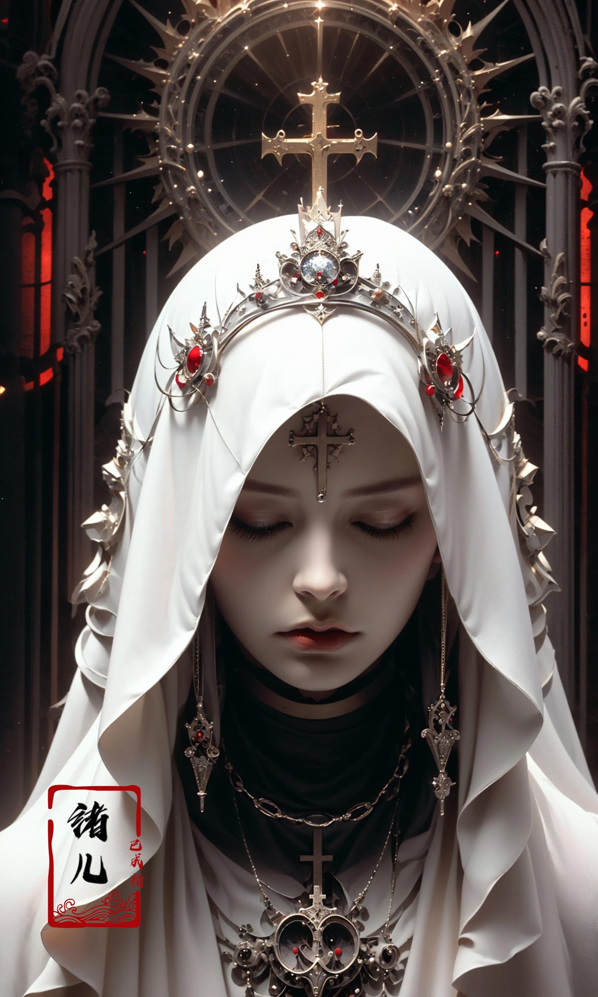 the goddess by shadrach jaroshelev,  in the style of gothic futurism,  dark white and light red by B站绪儿已成精 on Tensor.Art