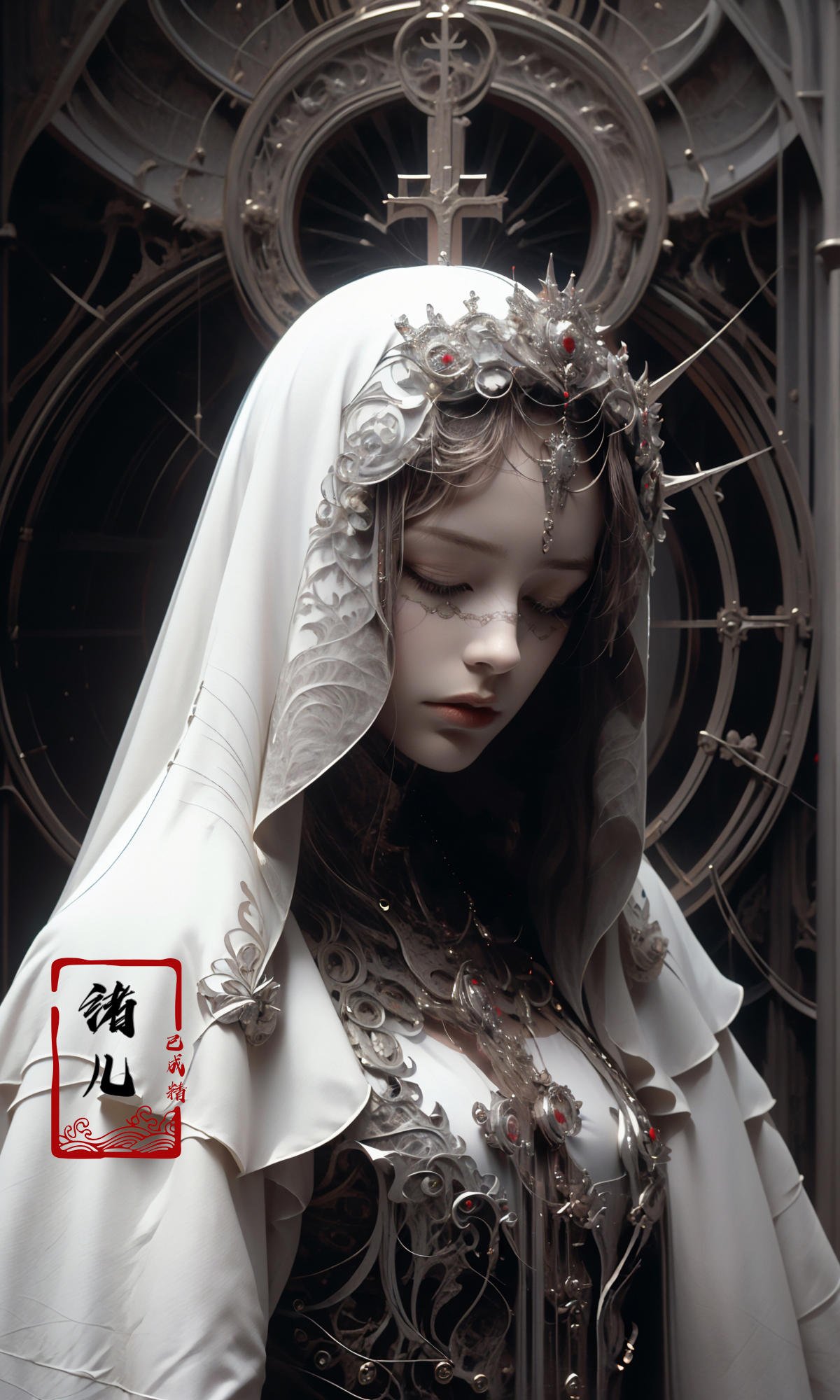 the goddess by shadrach jaroshelev,  in the style of gothic futurism,  dark white and light red by B站绪儿已成精 on Tensor.Art