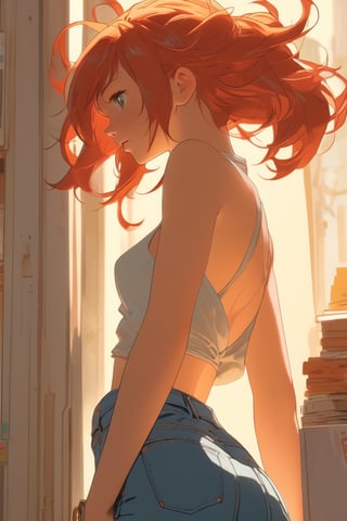 Redhead in jeans, close waist back view, akimbo, art by Makoto Shinkai, art by J.C. Leyendecker . anime style, key visual, vibrant, studio anime, highly detailed,ClassipeintXL,LaxpeintXL