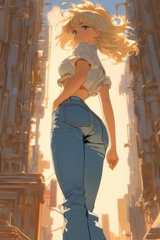 Blonde womam in jeans, close waist back view, akimbo, art by Makoto Shinkai, art by J.C. Leyendecker . anime style, key visual, vibrant, studio anime, highly detailed,ClassipeintXL,LaxpeintXL