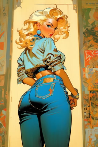 Blonde woman in jeans, full body shot, close waist back view, akimbo, art by J.C. Leyendecker . anime style, key visual, vibrant, studio anime, highly detailed,ClassipeintXL,LaxpeintXL
