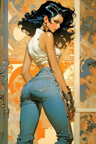 Girl in jeans,  straight black hair, waist back view, akimbo, art by J.C. Leyendecker . anime style, key visual, vibrant, studio anime, highly detaile