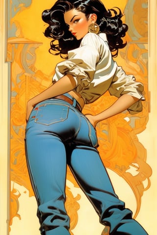 Woman in jeans, dark hair, full body shot, close waist back view, akimbo, art by J.C. Leyendecker . anime style, key visual, vibrant, studio anime, highly detailed,ClassipeintXL,LaxpeintXL