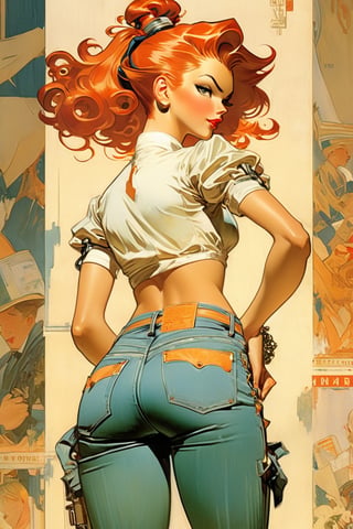 Readhead in jeans,  waist back view, akimbo, art by J.C. Leyendecker . anime style, key visual, vibrant, studio anime, highly detaile