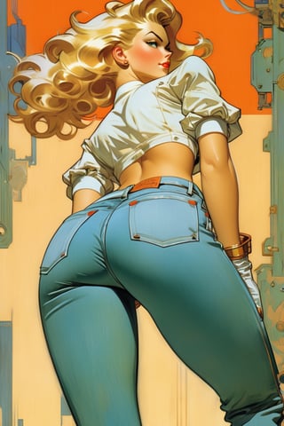 Blonde womam in jeans, close waist back view, akimbo, art by J.C. Leyendecker . anime style, key visual, vibrant, studio anime, highly detailed,ClassipeintXL,LaxpeintXL