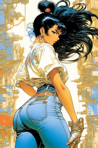 Woman in jeans, white background, black hair, close waist back view, akimbo, art by Masamune Shirow, art by J.C. Leyendecker . anime style, key visual, vibrant, studio anime, highly detailed,ClassipeintXL,LaxpeintXL