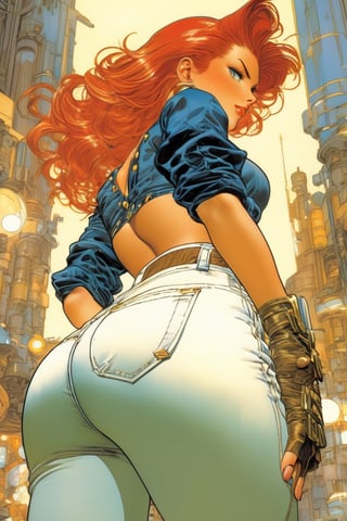 Redhead in jeans, close waist back view, akimbo, art by Masamune Shirow, art by J.C. Leyendecker . anime style, key visual, vibrant, studio anime, highly detailed,ClassipeintXL,LaxpeintXL