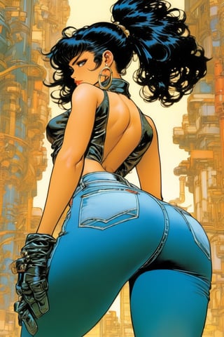 Woman in jeans, black hair, close waist back view, akimbo, art by Masamune Shirow, art by J.C. Leyendecker . anime style, key visual, vibrant, studio anime, highly detailed,ClassipeintXL,LaxpeintXL