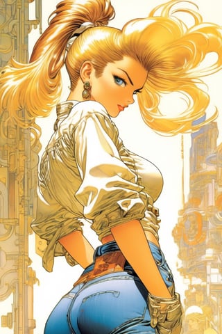 Blonde woman in jeans, white background, close waist back view, akimbo, art by Masamune Shirow, art by J.C. Leyendecker . anime style, key visual, vibrant, studio anime, highly detailed,ClassipeintXL,LaxpeintXL