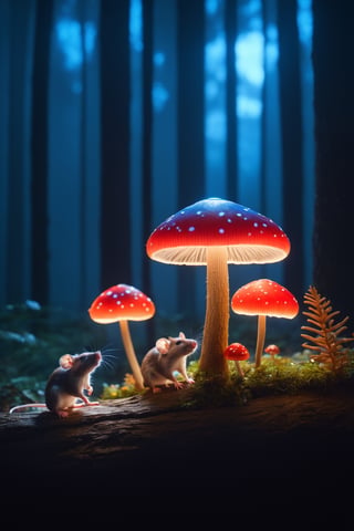 Bioluminescence mushrooms in the forest at night are used as the light source for a wise and old rat to read bedtime stories to 3 little rats, fantasy world, translucent, transparent, subsurface scattering, Bioluminescence liquid red and blue, bloom, glare, lens flare, cinematic light, vibrant, electric spark, Movie Still, 100mm, bokeh
