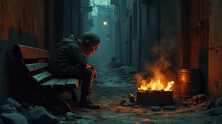 In the cold, desolate darkness of a forgotten alley, a disturbingly humanoid figure lies beneath a rusty bench, its biopunk form blending with the shadows. The creature's hollow eyes fixate on an old homeless man who sits nearby, huddled by a flickering fire inside a metal barrel. The man’s weathered face is illuminated by the eerie glow, unaware of the unsettling presence lurking beneath him. The scene is suffused with an atmosphere of decay and dread, evoking the haunting, surreal world of Zdzisław Beksiński, where the boundary between reality and nightmare blurs. Close-up. SamYoung_Illustrations style