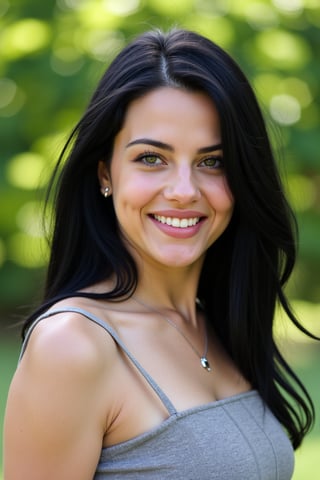 Woman with black hair down to shoulders, smug smile, portrait, outside in a garden, 25 years old, grunge