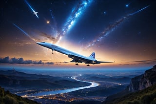 Envision a captivating night scene passenger concorde plane gracefully soaring through a star-studded sky, leaving trails of soft luminescence in its wake, as it embarks on a journey through the tranquil beauty of the night.