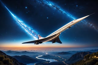 Envision a captivating night scene passenger concorde plane gracefully soaring through a star-studded sky, leaving trails of soft luminescence in its wake, as it embarks on a journey through the tranquil beauty of the night.