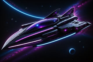 cyberpunk starship navigating the cosmos with sleek, angular contours, adorned by vibrant colored neon lights illuminating the vast darkness of space. Its metallic hull features intricate circuitry, reflecting the fusion of futuristic technology and gritty urban style. Agile thrusters propel the ship forward, leaving luminous streaks against the cosmic backdrop. This cyberpunk starship embodies the essence of a high-tech, edgy exploration through the interstellar frontier,cyberpunk style, unreal engine 5, vivid colors, gorgeous space background, hyperdetailed, 16K, perfect symmetry, octane render.

