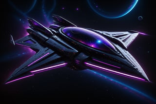 cyberpunk starship navigating the cosmos with sleek, angular contours, adorned by vibrant colored neon lights illuminating the vast darkness of space. Its metallic hull features intricate circuitry, reflecting the fusion of futuristic technology and gritty urban style. Agile thrusters propel the ship forward, leaving luminous streaks against the cosmic backdrop. This cyberpunk starship embodies the essence of a high-tech, edgy exploration through the interstellar frontier,cyberpunk style, unreal engine 5, vivid colors, gorgeous space background, hyperdetailed, 16K, perfect symmetry, octane render.

