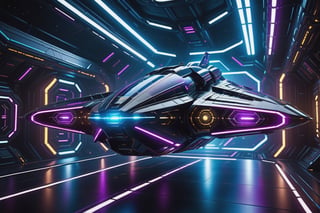 cyberpunk starship navigating the cosmos with sleek, angular contours, adorned by vibrant colored neon lights illuminating the vast darkness of space. Its metallic hull features intricate circuitry, reflecting the fusion of futuristic technology and gritty urban style. Agile thrusters propel the ship forward, leaving luminous streaks against the cosmic backdrop. This cyberpunk starship embodies the essence of a high-tech, edgy exploration through the interstellar frontier,cyberpunk style, unreal engine 5, vivid colors, gorgeous space background, hyperdetailed, 16K, perfect symmetry, octane render.

