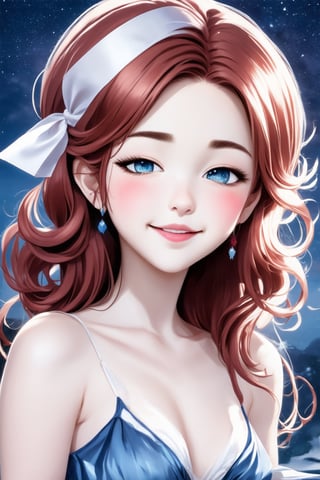 (Author Conrad Rosset), (1949s, 17-year-old girl, cute smile, blue eyes, long curly hair, blue hair, white ribbon, wink), mixed color watercolor, drawing, (deliberately beautiful),Cartoon,redhead