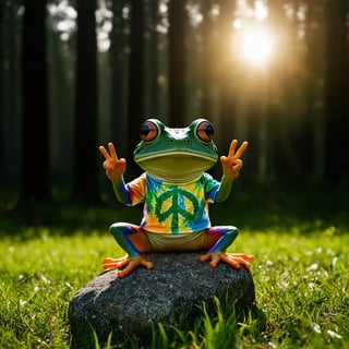 Hippy frog with a tie-die shirt and weed shorts, sitting on a rock yoga pose , peace sign, in a lush green field. Its eyes are large and round, foggy forest scene, with trees casting shadows across the ground. The sun, positioned in the upper right corner of the frame, casts a warm glow over the scene. zavy-cnmtc chiaroscuro
