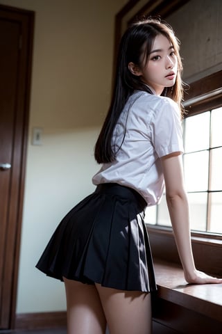 1girls,solo,thai school uniform,low angle photo Lift up skirt.,showing pantie  ,masterpiece, best quality, wallpaper, ultra-detailed,
Soft Illumination, Gentle Shading, Subtle Depth, masterpiece,best quality, beautiful and aesthetic,The edges of the eyelashes are thick and sharp,Sharp picture 4k,colorful pictures, 
