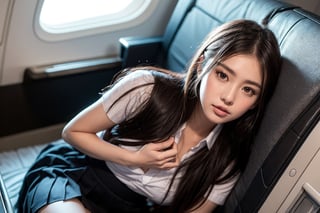 1girls,solo,thai school uniform,low angle photo Lift up skirt.,showing pantie, (Inside the aircraft: 1.2), front-view  ,masterpiece, best quality, wallpaper, ultra-detailed,
Soft Illumination, Gentle Shading, Subtle Depth, masterpiece,best quality, beautiful and aesthetic,The edges of the eyelashes are thick and sharp,Sharp picture 4k,colorful pictures, 
