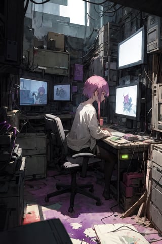 1girl ,
cyberpunk world, multiple monitors, messy room glowing monitors
purple tone 
watercolor   ,Lain Iwakura (Serial Experiments Lain)