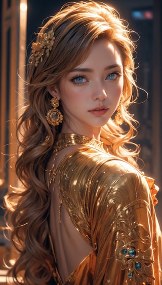 (RAW photo, best quality), (realistic, photo-Realistic:1.3), best quality, masterpiece, beautiful and aesthetic, 16K, (HDR:1.4), high contrast, (vibrant color:1.4), (muted colors, dim colors, soothing tones:0), cinematic lighting, ambient lighting, sidelighting, Exquisite details and textures, cinematic shot, Warm tone, (Bright and intense:1.2), wide shot, by xm887, ultra realistic illustration, anime style, siena natural ratio, Art by Josephine Wall and Stephanie Law, Linda Ravenscroft, Kinuko Y. Craft, ornate Art Nouveau style masterpiece, double exposure art, 	turning to look at me,	Curly perm with shiny long blond hair, 	Indigo	cheerleading outfit,	a beautiful Turkish girl,	blue eyes,	a Color satin hijab,	juicy lips, Long Eyelashes, honey - colored eyes, Hourglass body, thin waist, 	inspired by HERMÈS and Jean Paul Gaultier, provocative, looking at the viewer