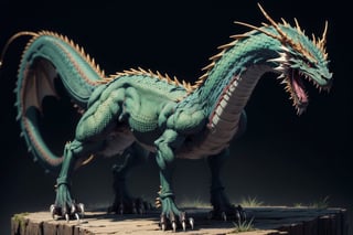 Full-length dragon, A green dragon standing on four legs without wings, on a black background, Look from a distance,More Detail