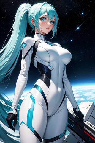 4K,hight resolution,One Woman, light blue hair,poneyTail.Green eyes,Colossal ,White Cybersuit,Bodysuits, Longsword, spaceship at the background in the space
