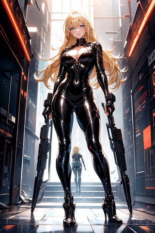 full body picture Unreal Engine 5 8K UHD of beautiful woman, blonde hair, shiny black tight futuristic special force suit, equipping futuristic weapon, cyberpunk world, beautiful make up, best quality, masterpiece
