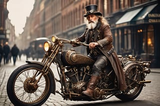 (hyperrealism, 8k, extremely detailed) A steampunk style photo of an old biker, full body, long messy hair, victorian clothes with a steampunk topper hat, riding a strampunk motorcycle, blending of victorian technology, steam-powered, cogs, brass machinery, full body in frame, full body in frame, (high quality:1.3), (ultra detail:1.3), (high resolution:1.3), (masterpiece), (complex and beautiful:1.3), nsfw, (exquisitely beautiful:1.2), frame, (finely detailed eyes and detailed face) deep of field, amazing natural lighting, brilliant composition, intricate design, photorealistic, hyperrealistic, high definition, extremely detailed, perfect composition, best quality, cinematic lights, on the street of an steampunk city, the entire motorcycle must be in the frame