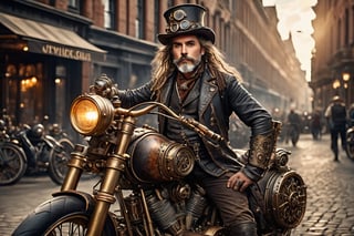 (hyperrealism, 8k, extremely detailed) A steampunk style photo of an old biker, full body, long messy hair, victorian clothes with a steampunk topper hat, riding a strampunk motorcycle, blending of victorian technology, steam-powered, cogs, brass machinery, full body in frame, full body in frame, (high quality:1.3), (ultra detail:1.3), (high resolution:1.3), (masterpiece), (complex and beautiful:1.3), nsfw, (exquisitely beautiful:1.2), frame, (finely detailed eyes and detailed face) deep of field, amazing natural lighting, brilliant composition, intricate design, photorealistic, hyperrealistic, high definition, extremely detailed, perfect composition, best quality, cinematic lights, on the street of an steampunk city, the entire motorcycle must be in the frame