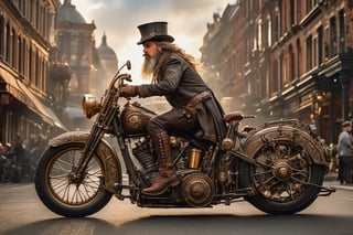 (hyperrealism, 8k, extremely detailed) A steampunk style photo of an old biker, full body, long messy hair, victorian clothes with a steampunk topper hat, riding a strampunk motorcycle, blending of victorian technology, steam-powered, cogs, brass machinery, full body in frame, full body in frame, (high quality:1.3), (ultra detail:1.3), (high resolution:1.3), (masterpiece), (complex and beautiful:1.3), nsfw, (exquisitely beautiful:1.2), frame, (finely detailed eyes and detailed face) deep of field, amazing natural lighting, brilliant composition, intricate design, photorealistic, hyperrealistic, high definition, extremely detailed, perfect composition, best quality, cinematic lights, on the street of an steampunk city, the entire motorcycle must be in the frame